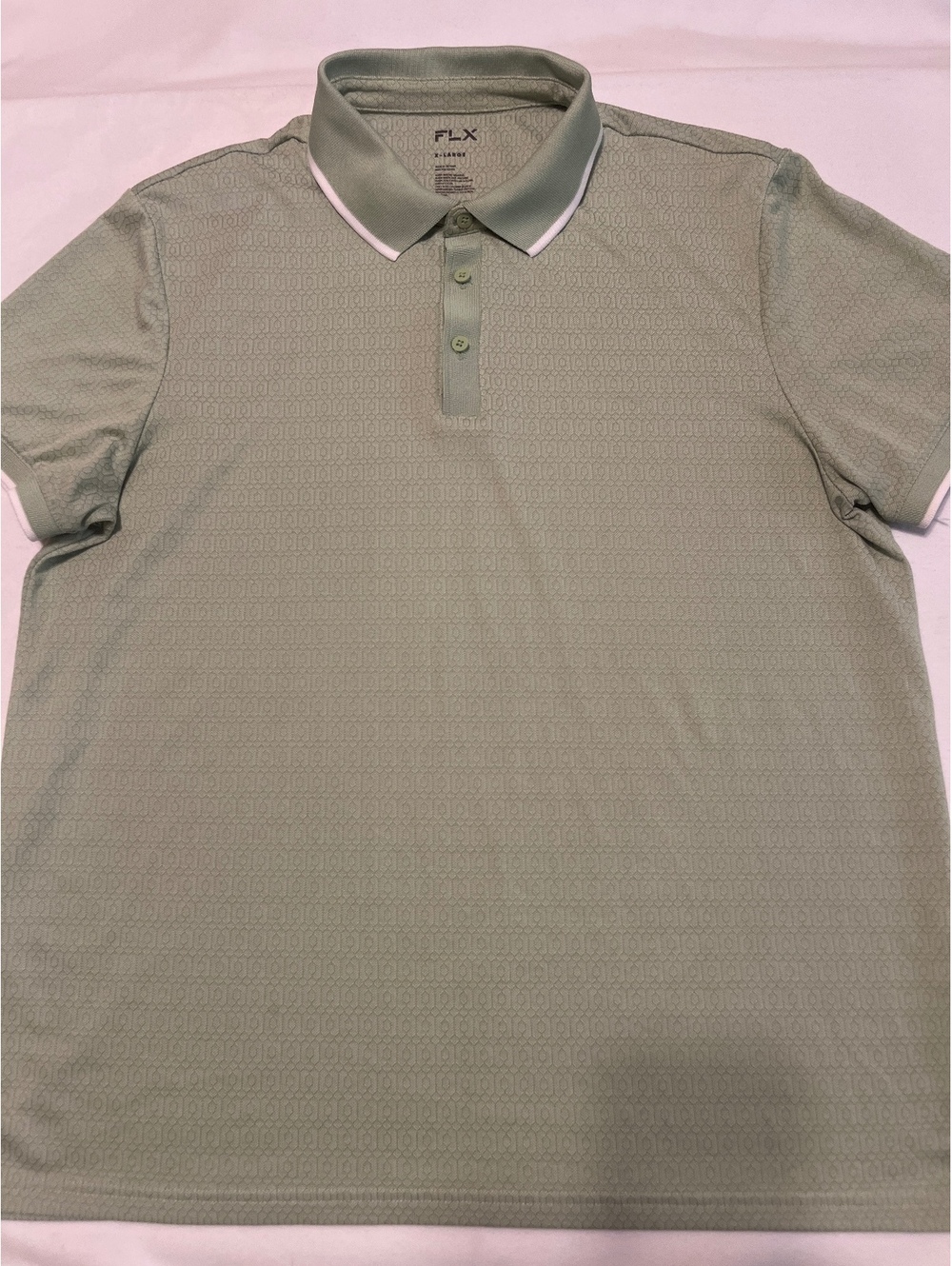FLX Men's Light Green Polo Shirt with Subtle Pattern and White Trim Collar